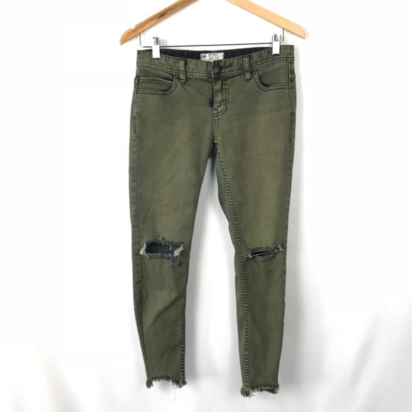 Free People Denim - Free People Army Green Distressed Skinny Jeans